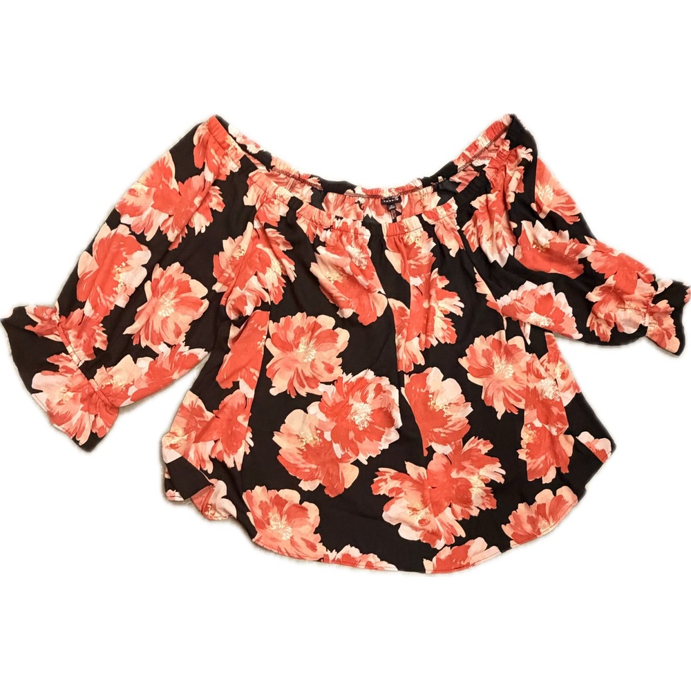 Torrid Womens Plus Size 5 Floral Off The Shoulder Ruffle Sleeve Blouse Black